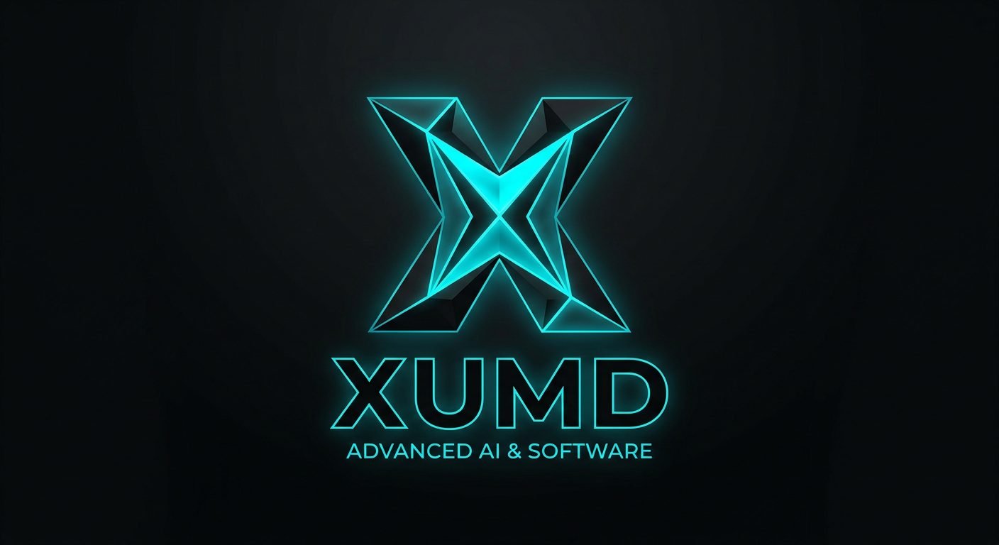 XUMD neon monogram: faceted X with teal glow on black